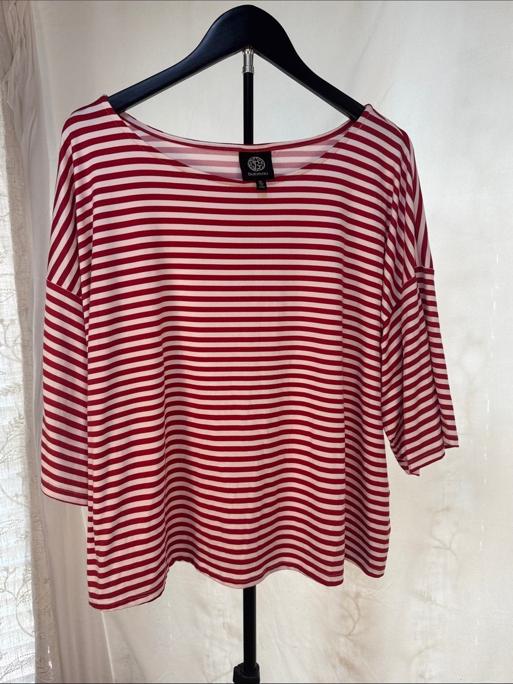 bobeau Red and White Striped Boatneck Long Sleeve Top